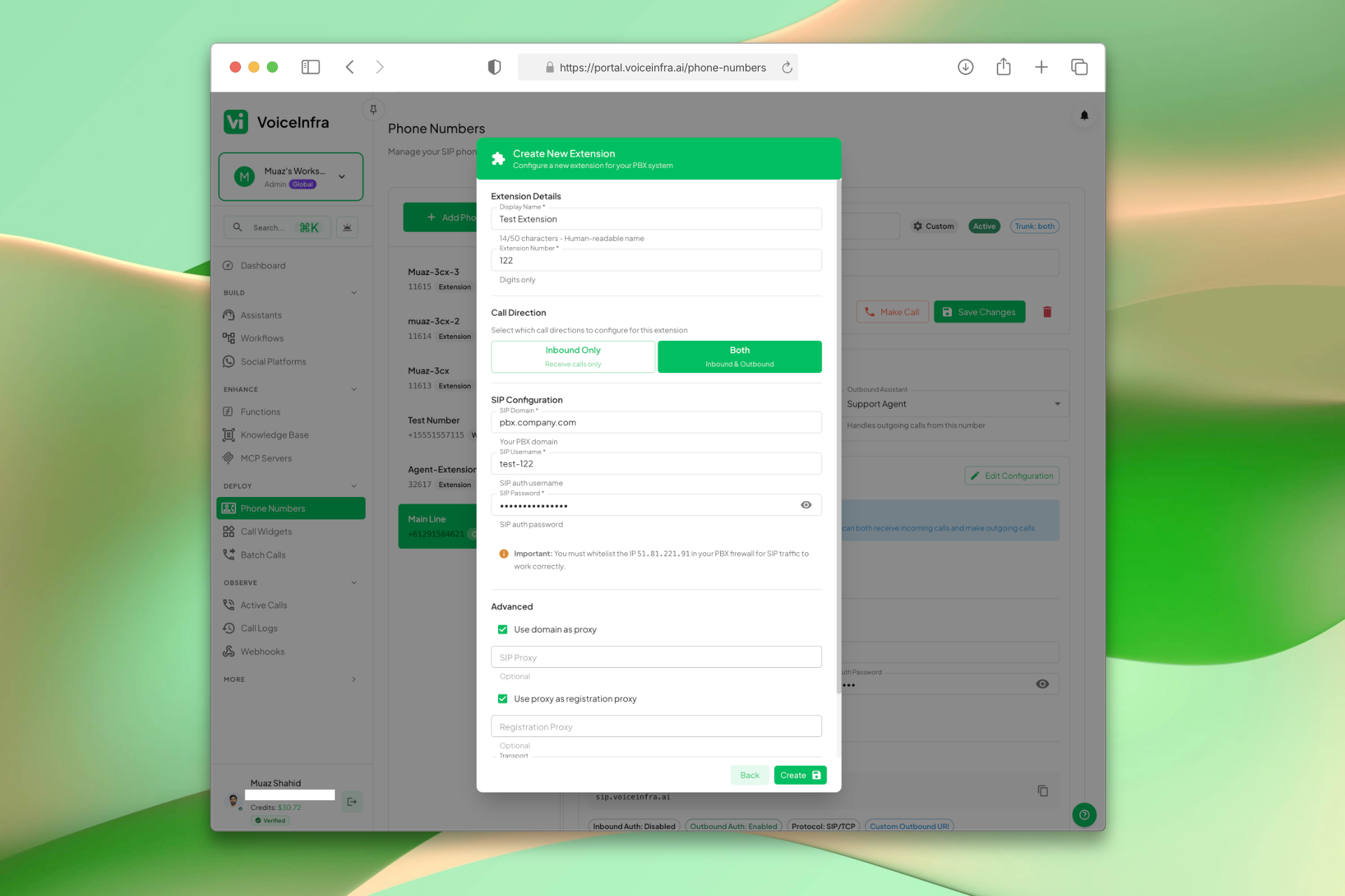 PBX Extension Configuration Form