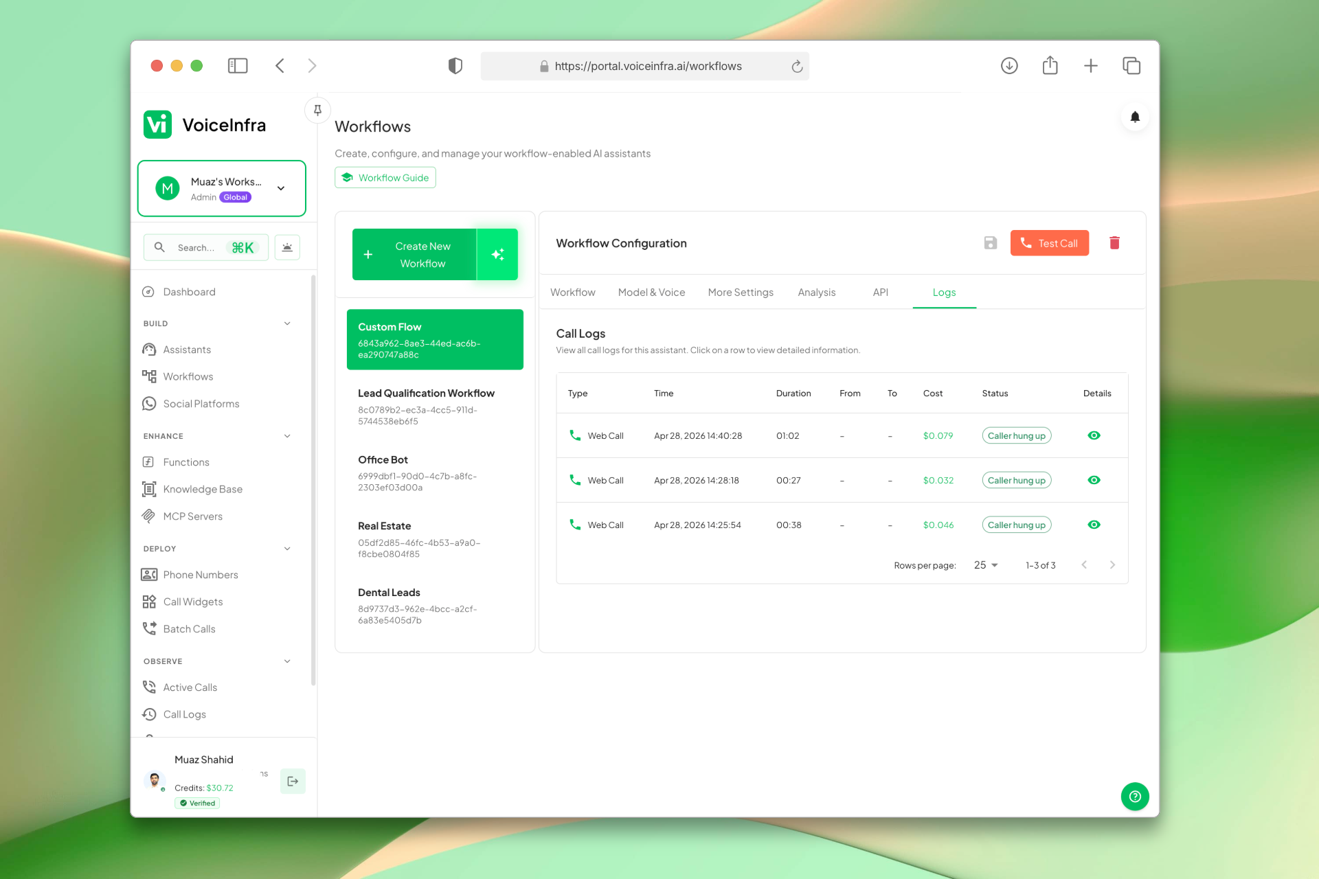 Workflow Call Logs and History